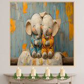 Adorable Painting of Two Baby Elephants Snuggling in Pajamas with Happy Expressions and a Colorful Textured Background in Warm Blue and Orange Tones on Ready to Hang 1.5" Thick Canvas Wrap, Floating Framed Canvas, Flat Rolled Canvas